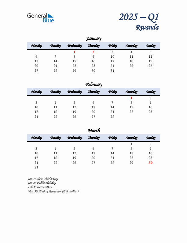 January, February, and March Calendar for Rwanda with Monday Start