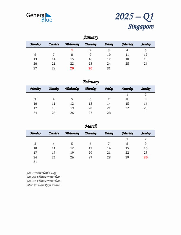 January, February, and March Calendar for Singapore with Monday Start