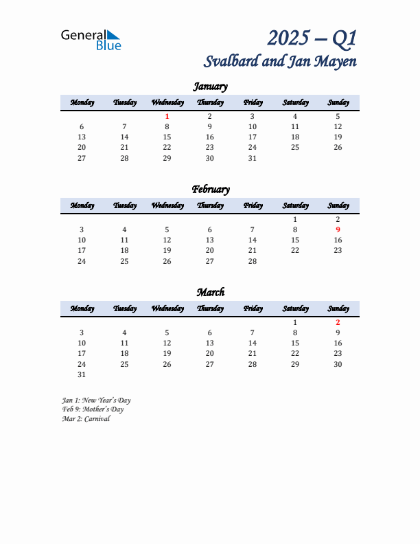 January, February, and March Calendar for Svalbard and Jan Mayen with Monday Start