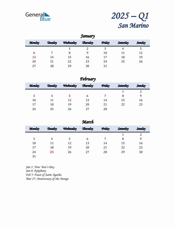 January, February, and March Calendar for San Marino with Monday Start