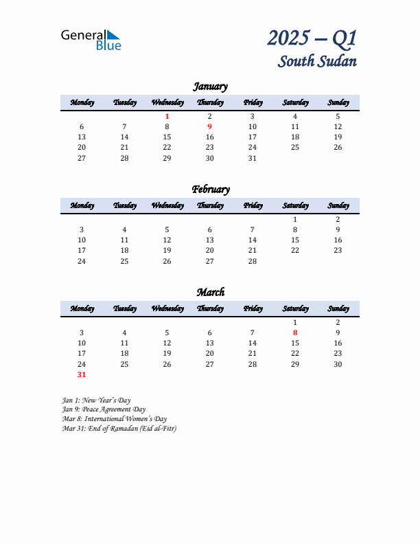 January, February, and March Calendar for South Sudan with Monday Start