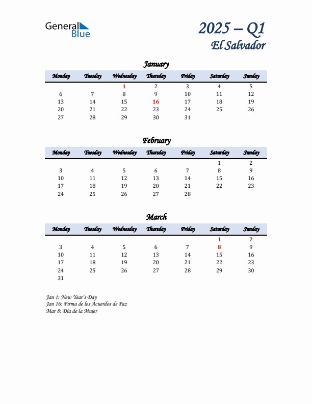 January, February, and March Calendar for El Salvador with Monday Start