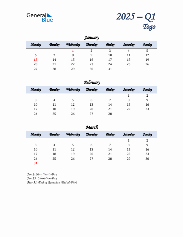 January, February, and March Calendar for Togo with Monday Start