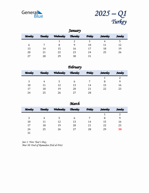 January, February, and March Calendar for Turkey with Monday Start