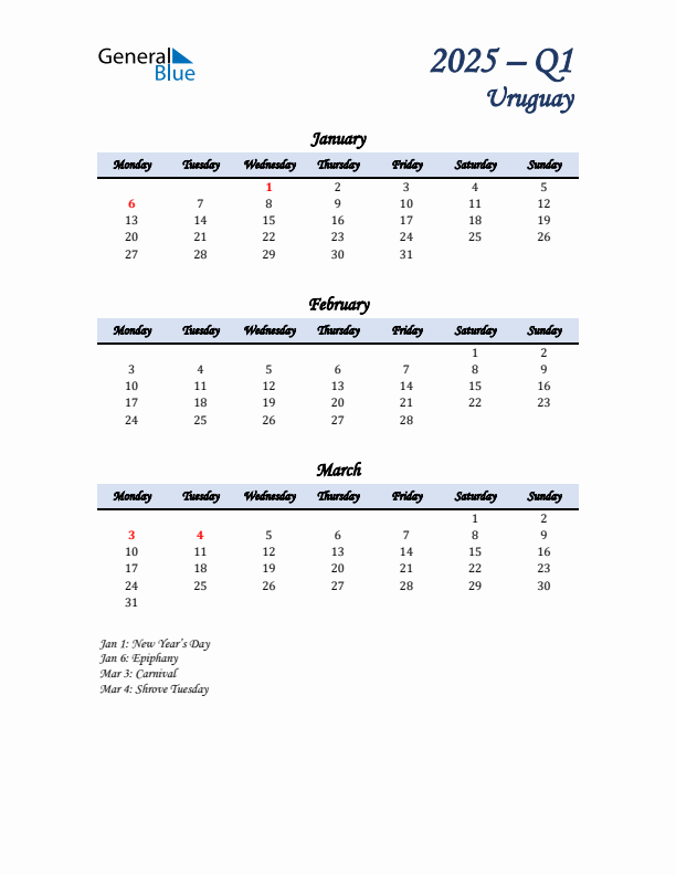 January, February, and March Calendar for Uruguay with Monday Start