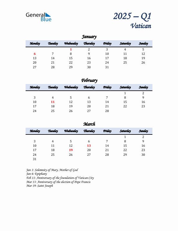 January, February, and March Calendar for Vatican with Monday Start