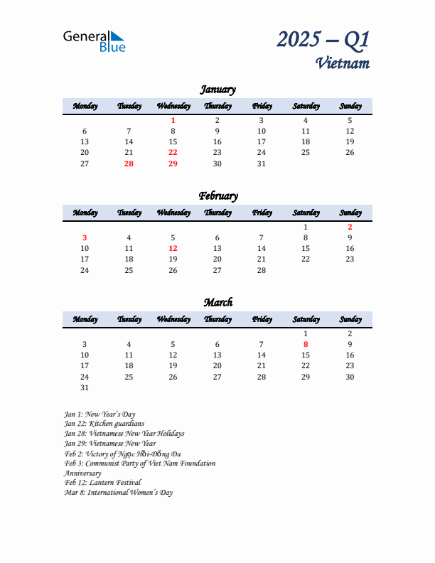 January, February, and March Calendar for Vietnam with Monday Start