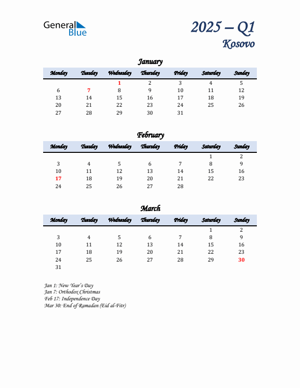 January, February, and March Calendar for Kosovo with Monday Start