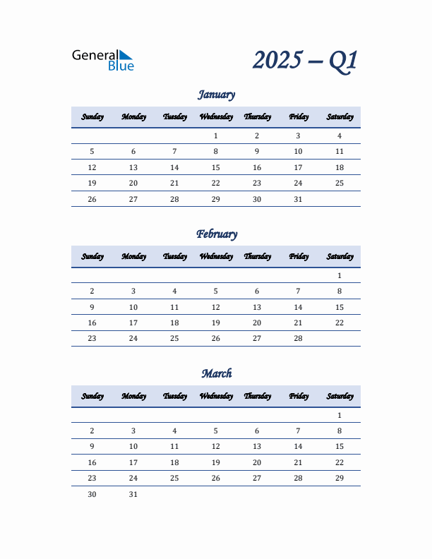 Sunday Start 2025 Quarterly Calendar