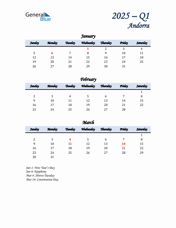 January, February, and March Calendar for Andorra with Sunday Start