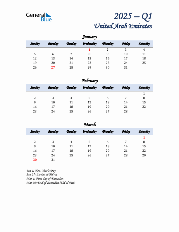 January, February, and March Calendar for United Arab Emirates with Sunday Start