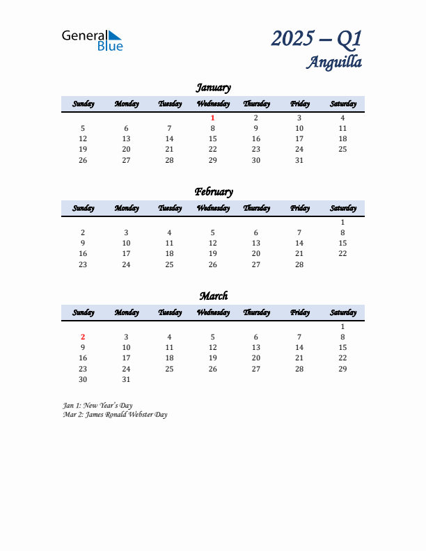 January, February, and March Calendar for Anguilla with Sunday Start