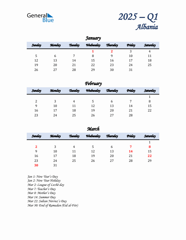 January, February, and March Calendar for Albania with Sunday Start