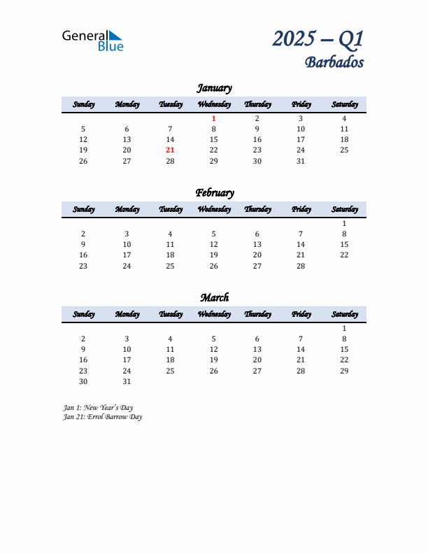 January, February, and March Calendar for Barbados with Sunday Start