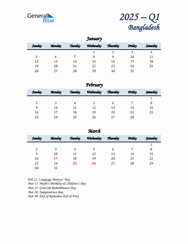 January, February, and March Calendar for Bangladesh with Sunday Start