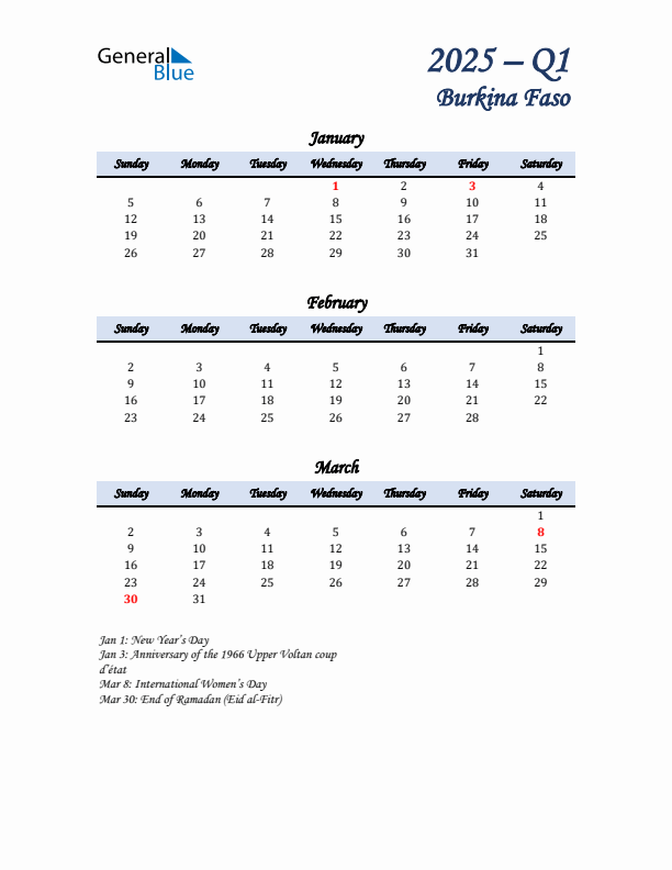 January, February, and March Calendar for Burkina Faso with Sunday Start