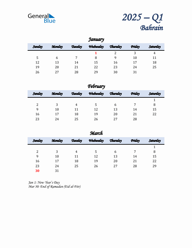 January, February, and March Calendar for Bahrain with Sunday Start