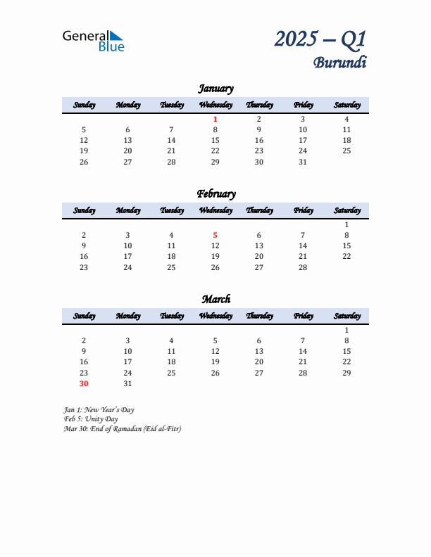 January, February, and March Calendar for Burundi with Sunday Start