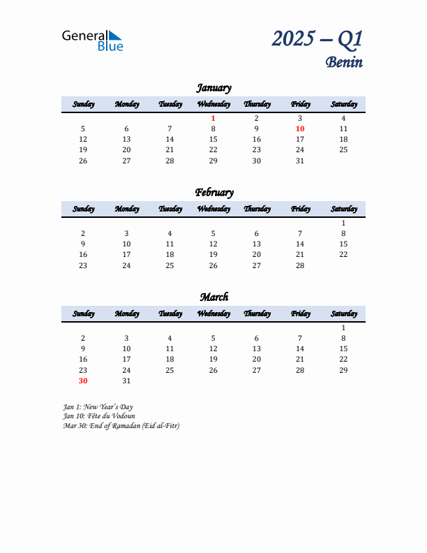 January, February, and March Calendar for Benin with Sunday Start