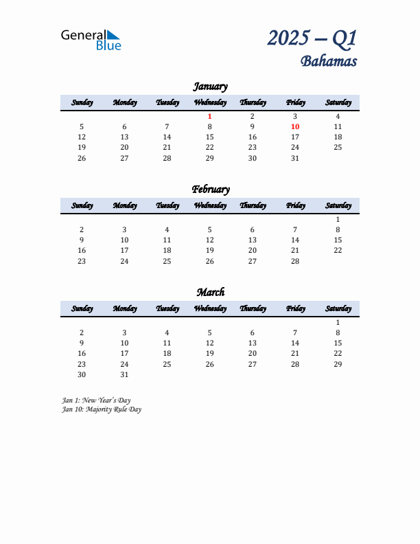 January, February, and March Calendar for Bahamas with Sunday Start