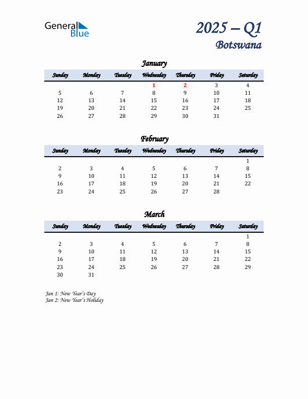 January, February, and March Calendar for Botswana with Sunday Start