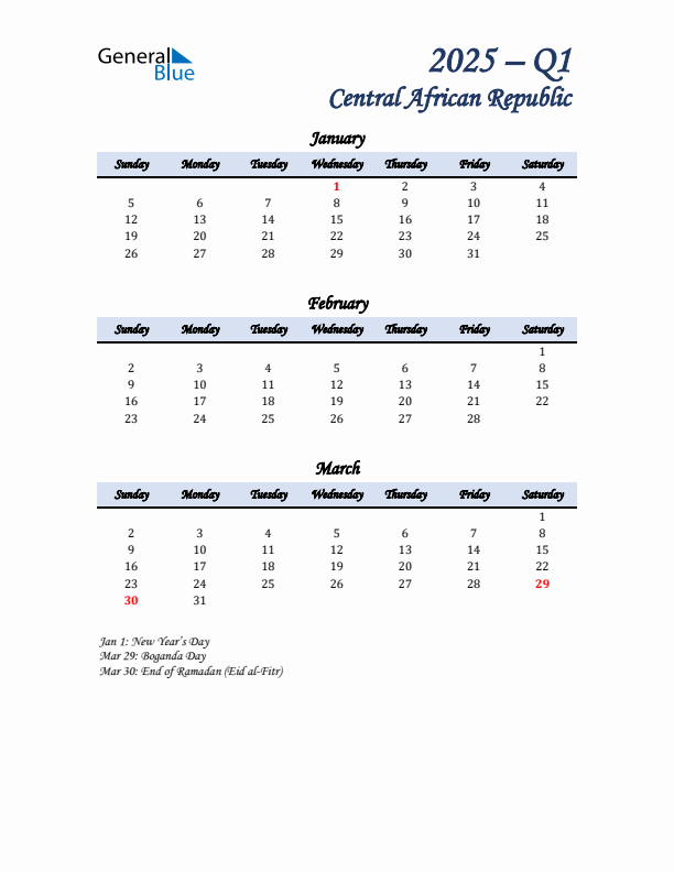 January, February, and March Calendar for Central African Republic with Sunday Start