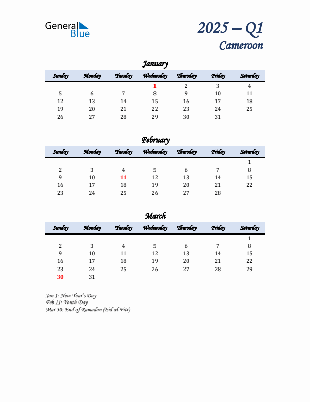 January, February, and March Calendar for Cameroon with Sunday Start