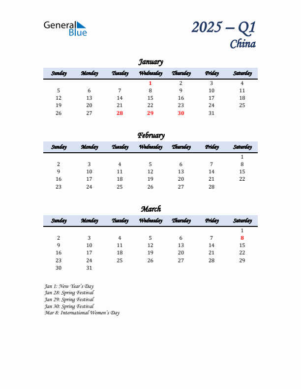 January, February, and March Calendar for China with Sunday Start