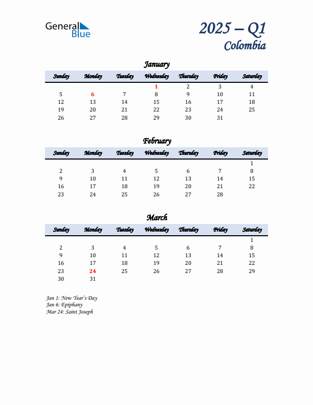 January, February, and March Calendar for Colombia with Sunday Start