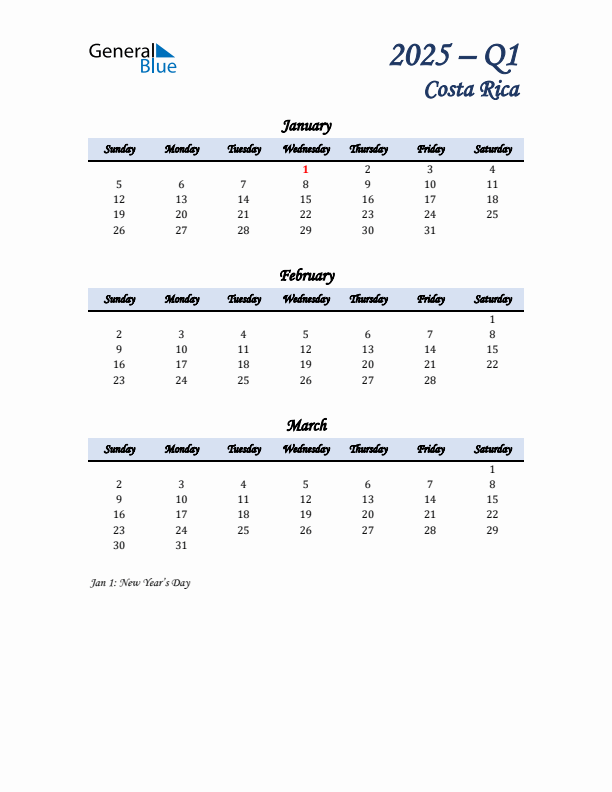 January, February, and March Calendar for Costa Rica with Sunday Start