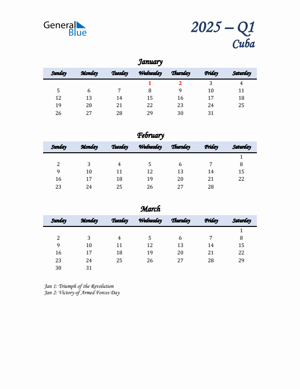 January, February, and March Calendar for Cuba with Sunday Start