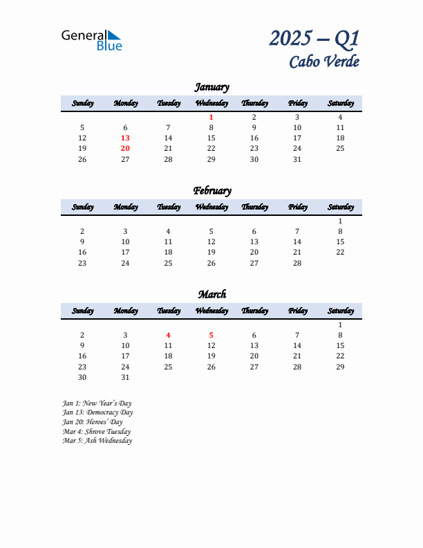 January, February, and March Calendar for Cabo Verde with Sunday Start