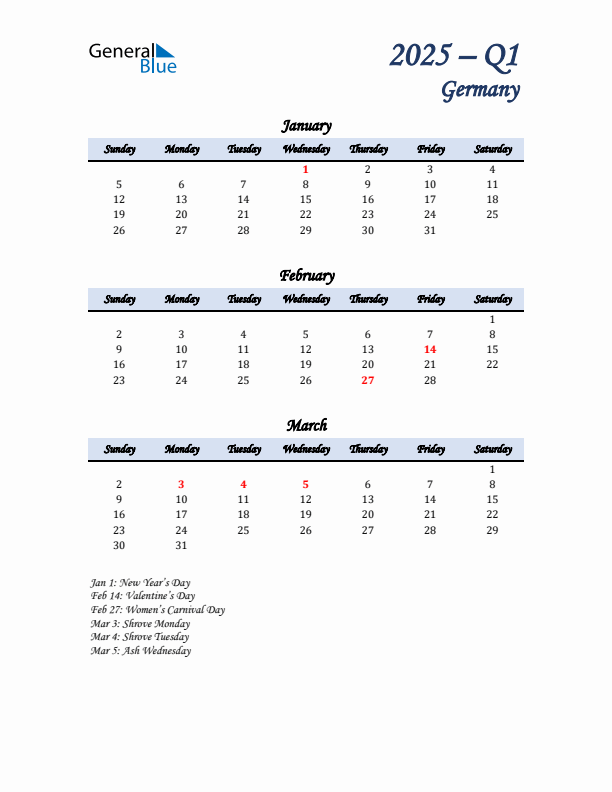 January, February, and March Calendar for Germany with Sunday Start