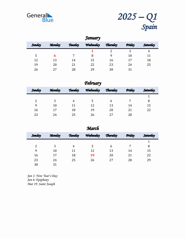 January, February, and March Calendar for Spain with Sunday Start