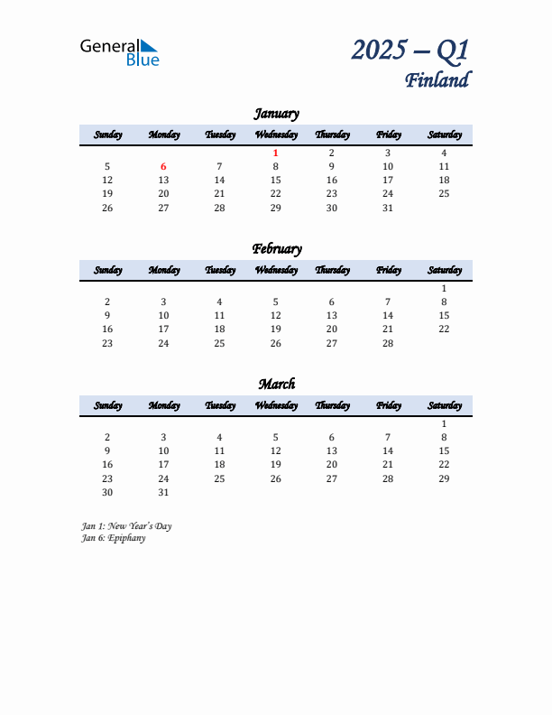 January, February, and March Calendar for Finland with Sunday Start