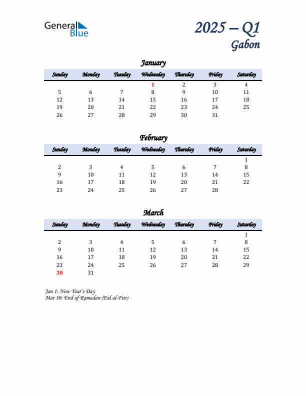 January, February, and March Calendar for Gabon with Sunday Start