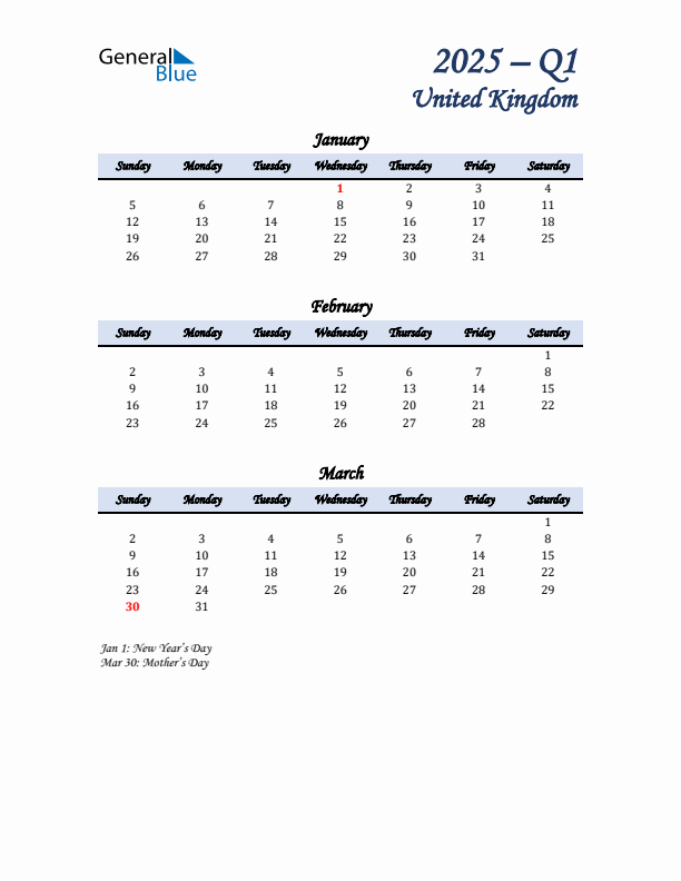 January, February, and March Calendar for United Kingdom with Sunday Start