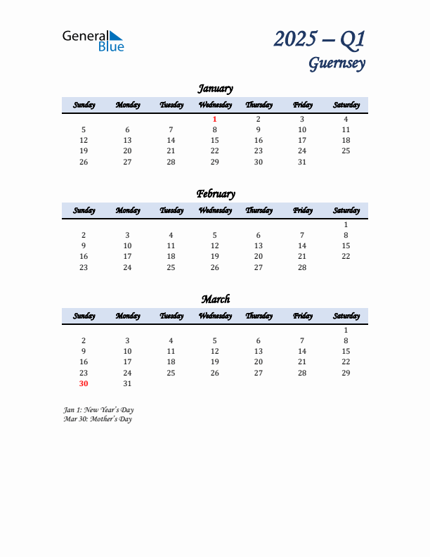 January, February, and March Calendar for Guernsey with Sunday Start