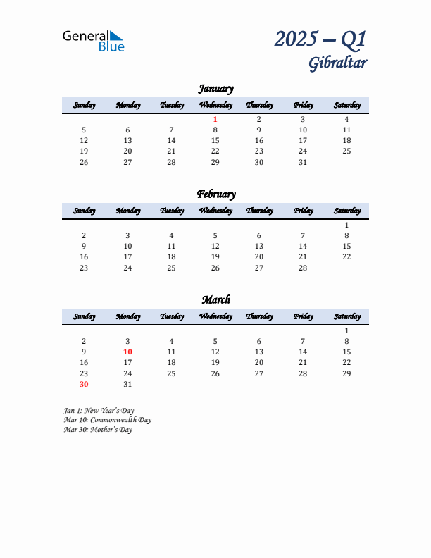 January, February, and March Calendar for Gibraltar with Sunday Start