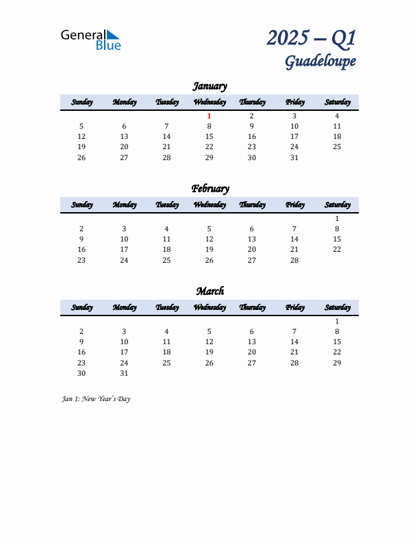 January, February, and March Calendar for Guadeloupe with Sunday Start