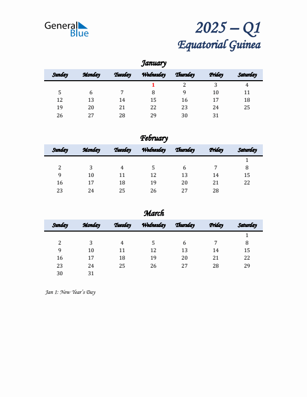 January, February, and March Calendar for Equatorial Guinea with Sunday Start