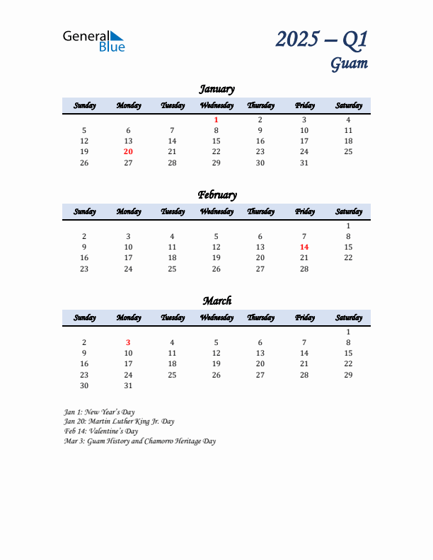 January, February, and March Calendar for Guam with Sunday Start