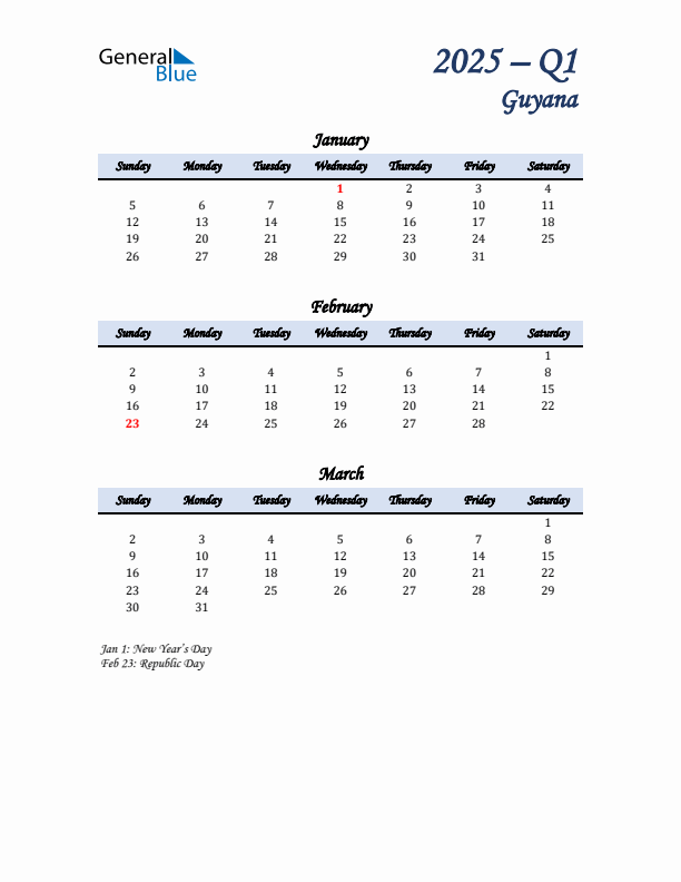 January, February, and March Calendar for Guyana with Sunday Start