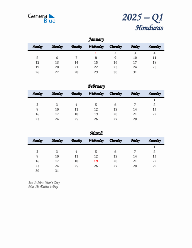 January, February, and March Calendar for Honduras with Sunday Start