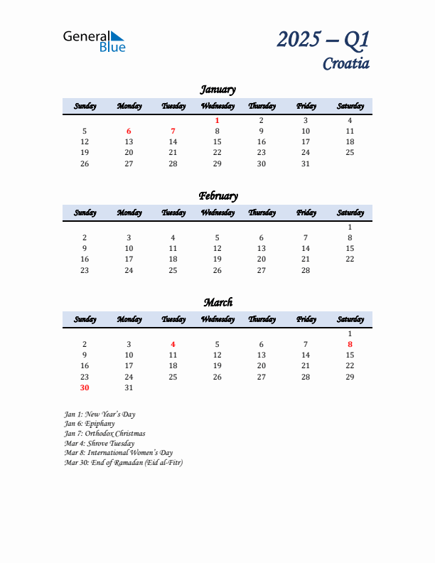 January, February, and March Calendar for Croatia with Sunday Start