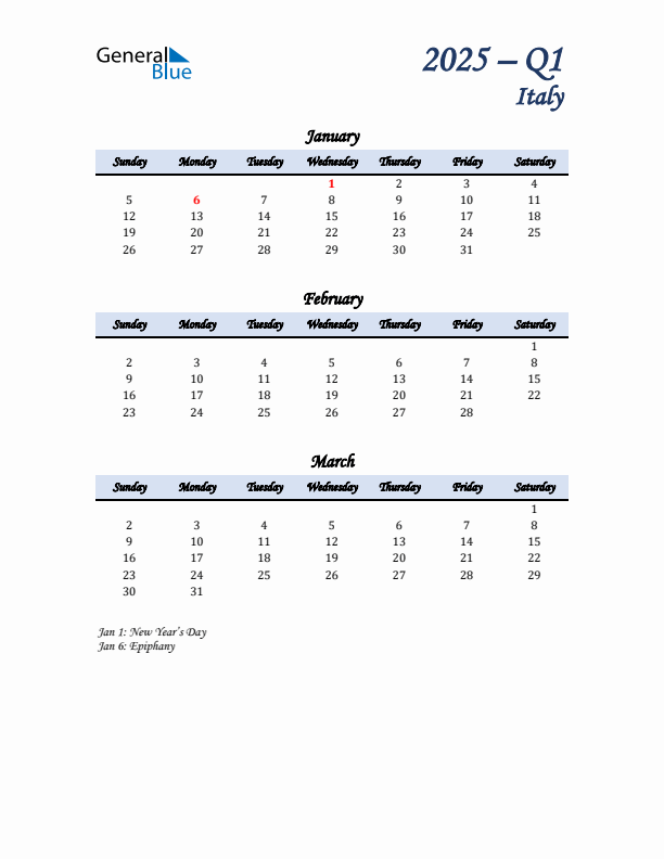 January, February, and March Calendar for Italy with Sunday Start