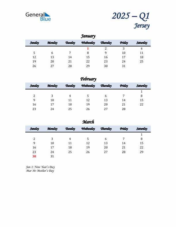 January, February, and March Calendar for Jersey with Sunday Start