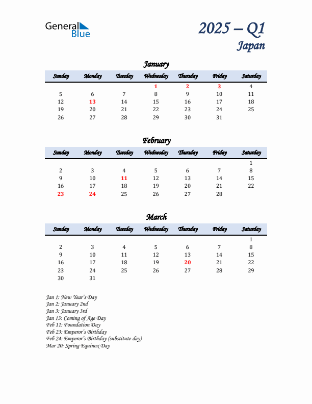 January, February, and March Calendar for Japan with Sunday Start