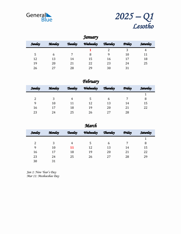 January, February, and March Calendar for Lesotho with Sunday Start