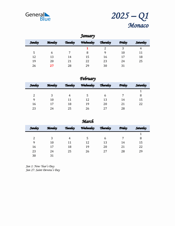 January, February, and March Calendar for Monaco with Sunday Start